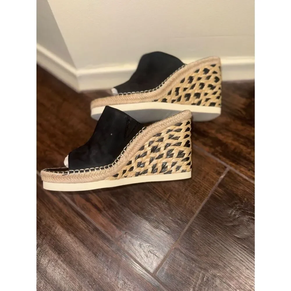 Vince Camuto Brissia Black Leather Espadrille Wedge Mules Sandals Size 9M/40 EUC